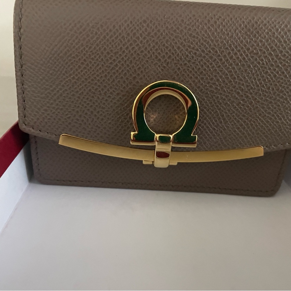 Omega Taupe Leather Wallet with Gold Accent